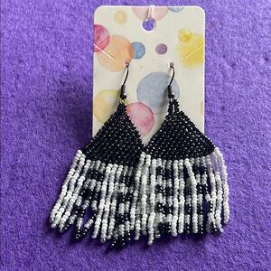 Black and White Beaded Fringe Earrings